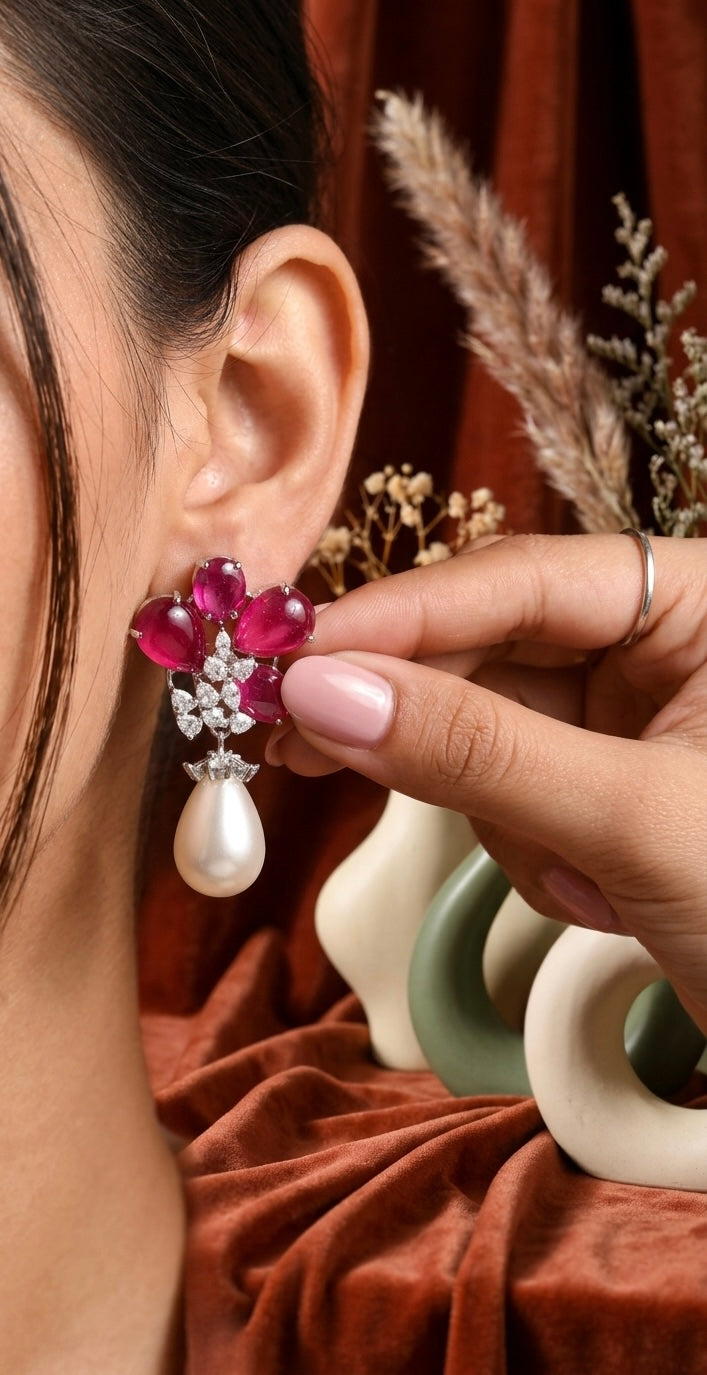 Ruby Bloom Pearl Drop Earrings