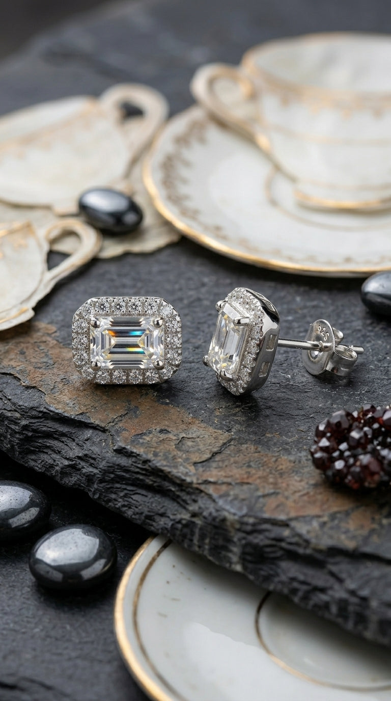Emerald-Cut Halo Moissanite Stud Earrings