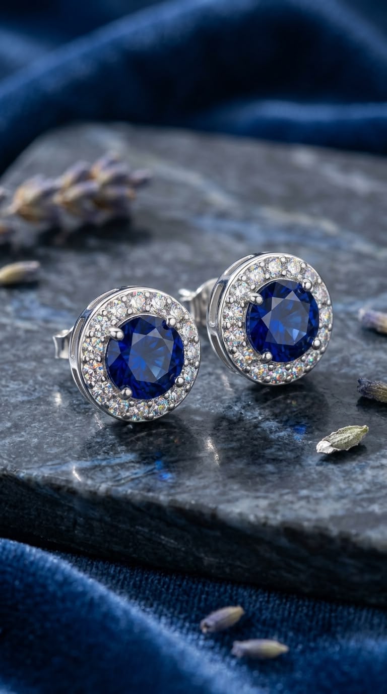 Royal blue Sapphire CZ Halo Studs