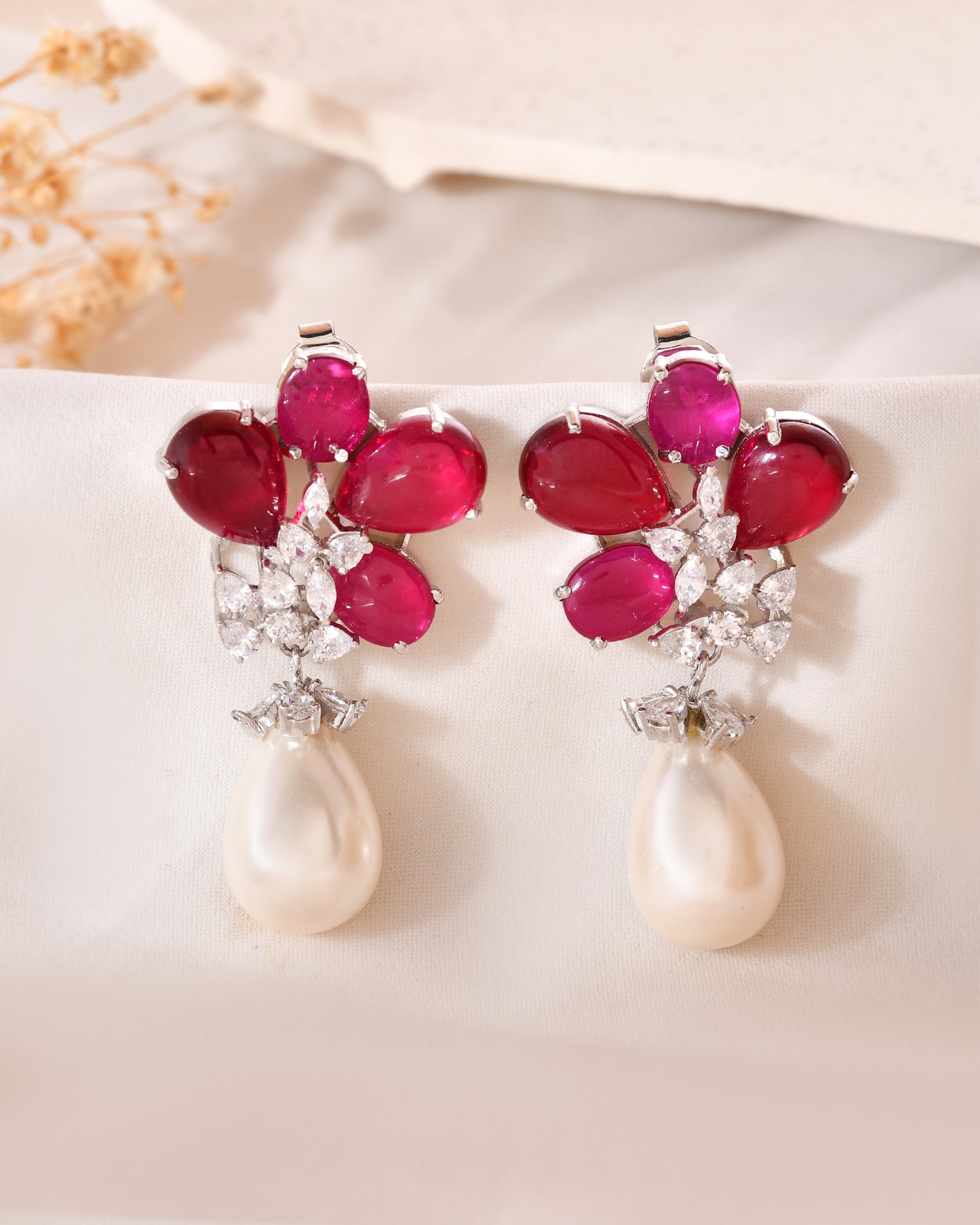 Ruby Bloom Pearl Drop Earrings