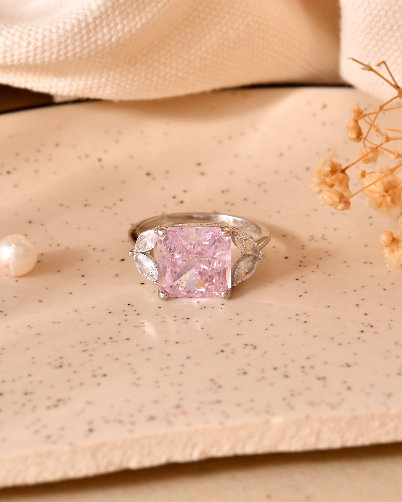 Pink Radiant Cut CZ Three-Stone Sterling Silver Ring