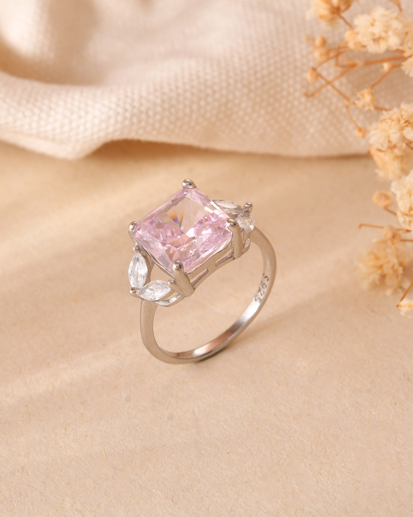 Pink Radiant Cut CZ Three-Stone Sterling Silver Ring