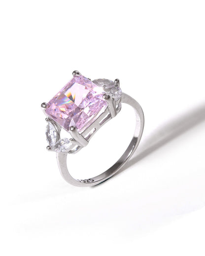 Pink Radiant Cut CZ Three-Stone Sterling Silver Ring