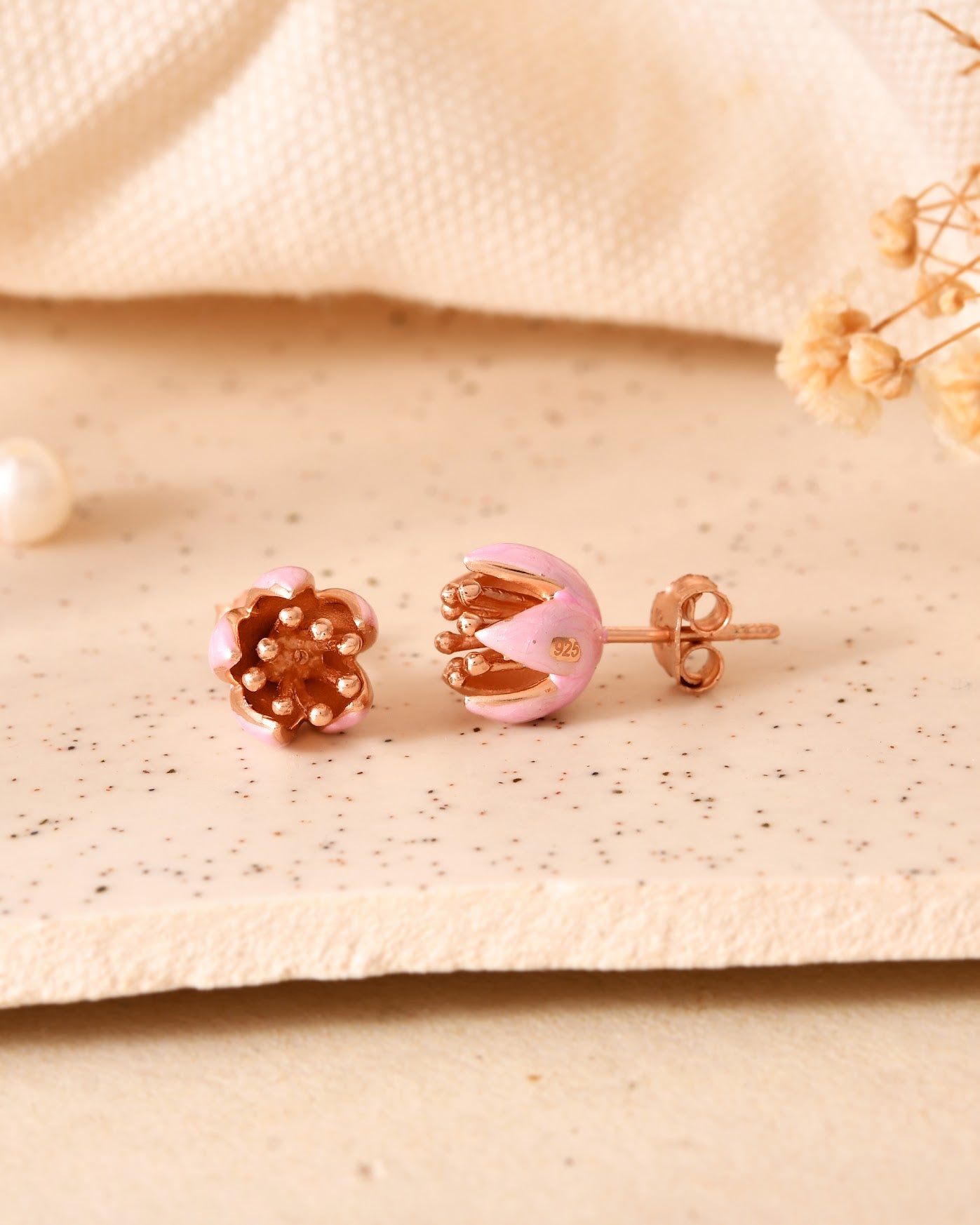 Pink Enamel Lotus Bud Stud Earrings