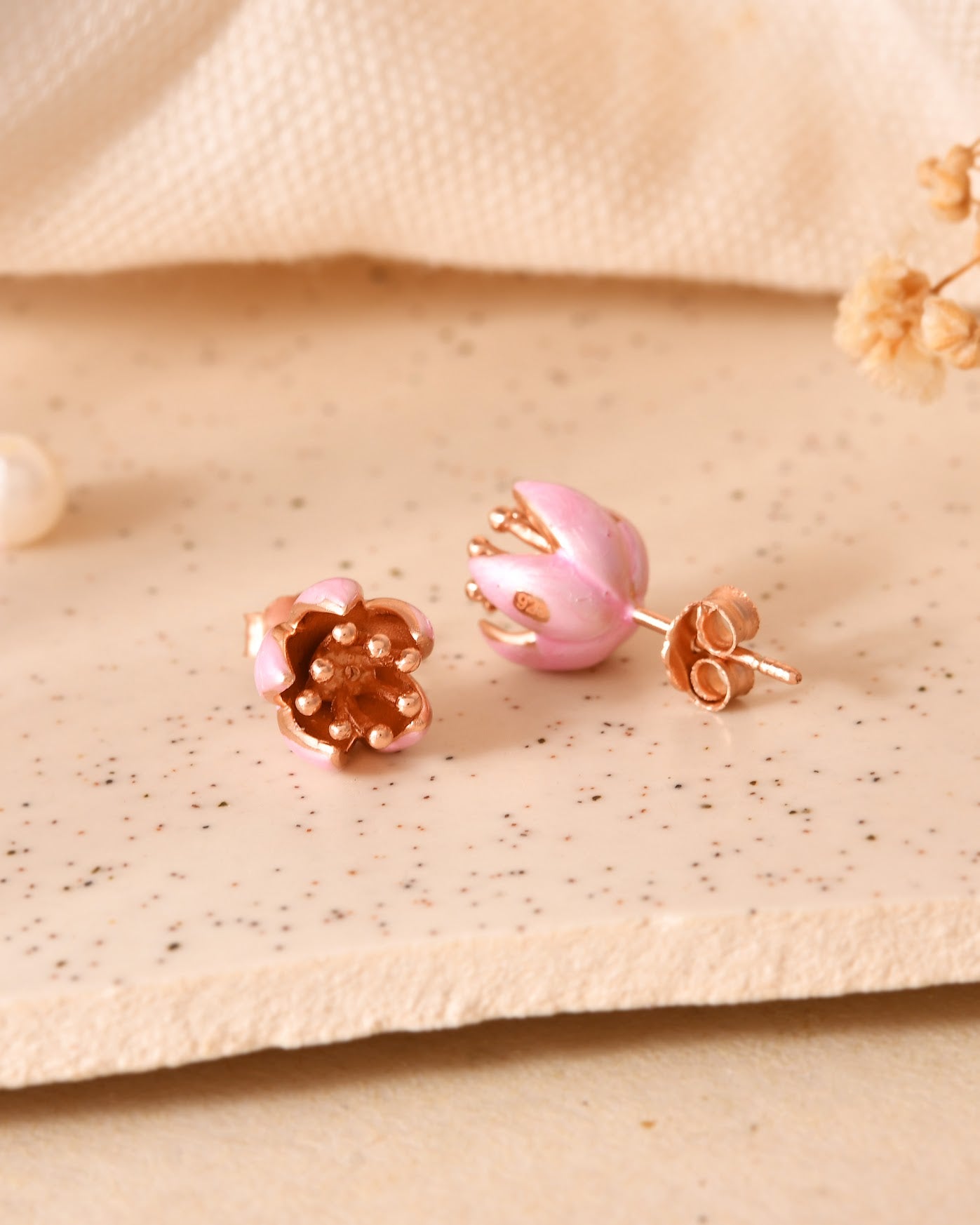 Pink Enamel Lotus Bud Stud Earrings