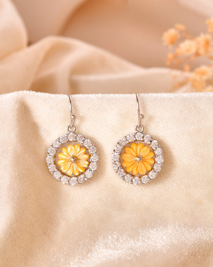 Sunflower Halo Sterling Silver Drop Earrings