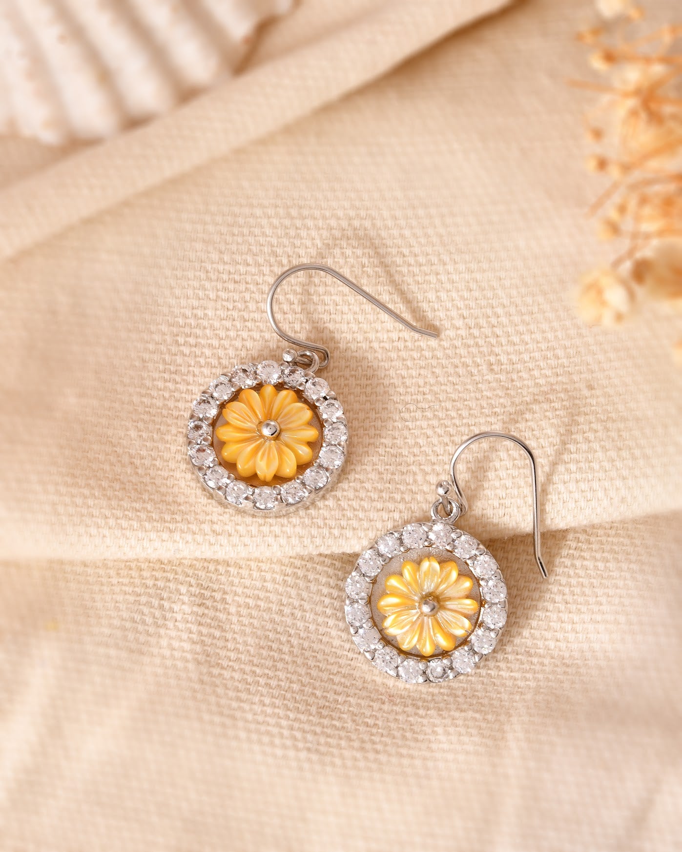 Sunflower Halo Sterling Silver Drop Earrings