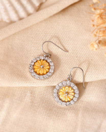 Sunflower Halo Sterling Silver Drop Earrings