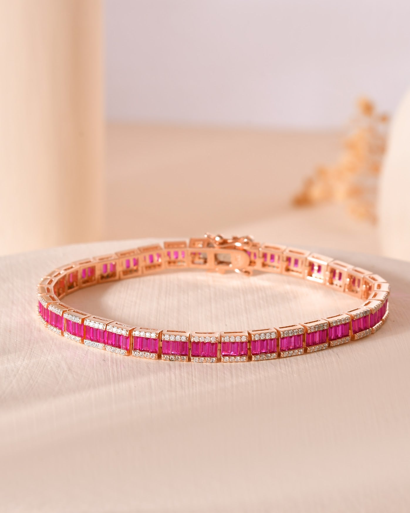 Pink Baguette CZ Tennis Bracelet Rose Gold