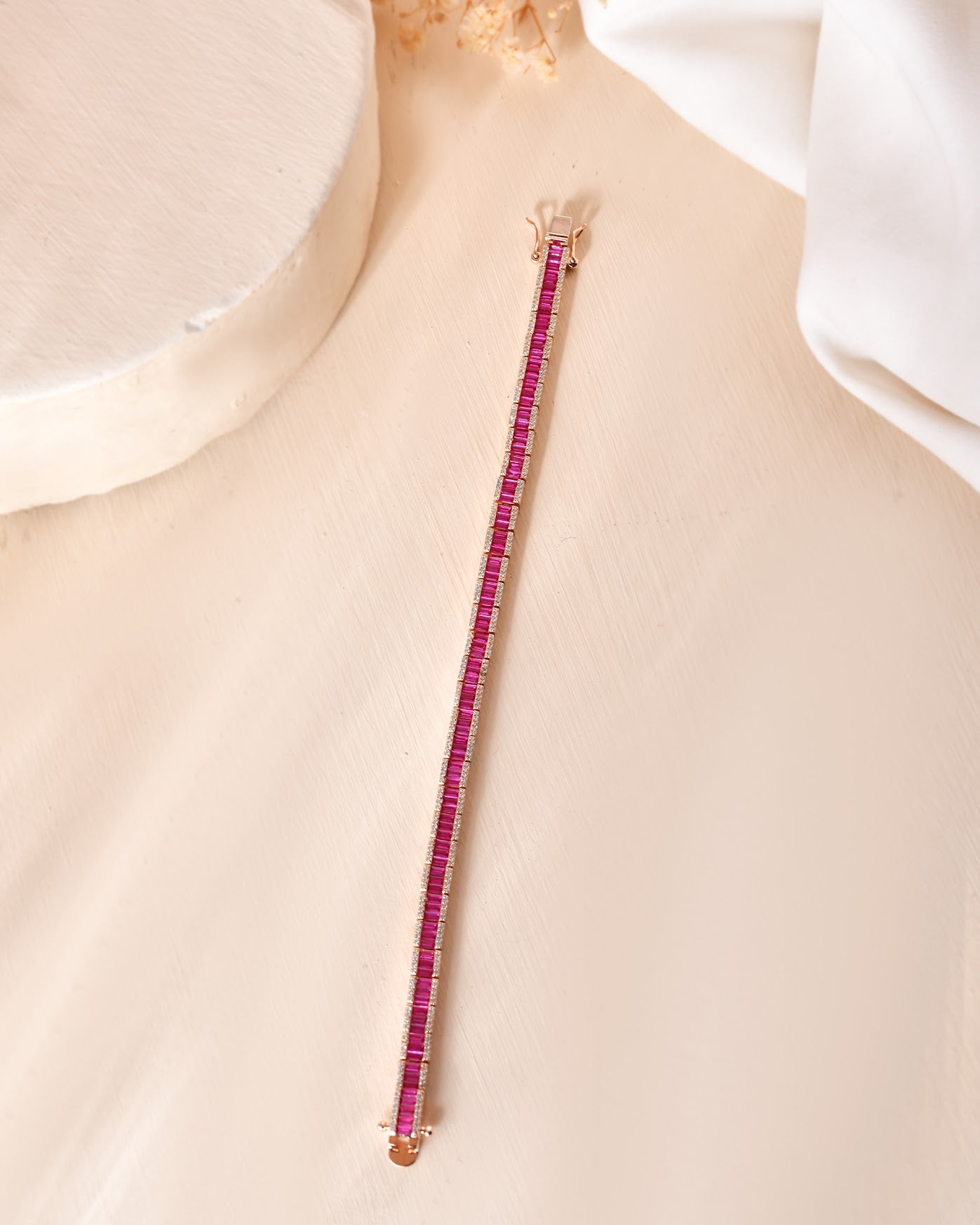 Pink Baguette CZ Tennis Bracelet Rose Gold