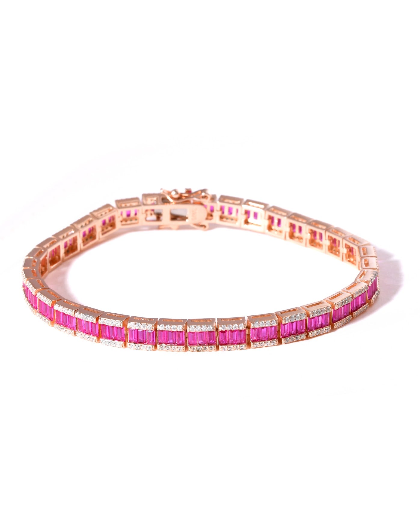 Pink Baguette CZ Tennis Bracelet Rose Gold