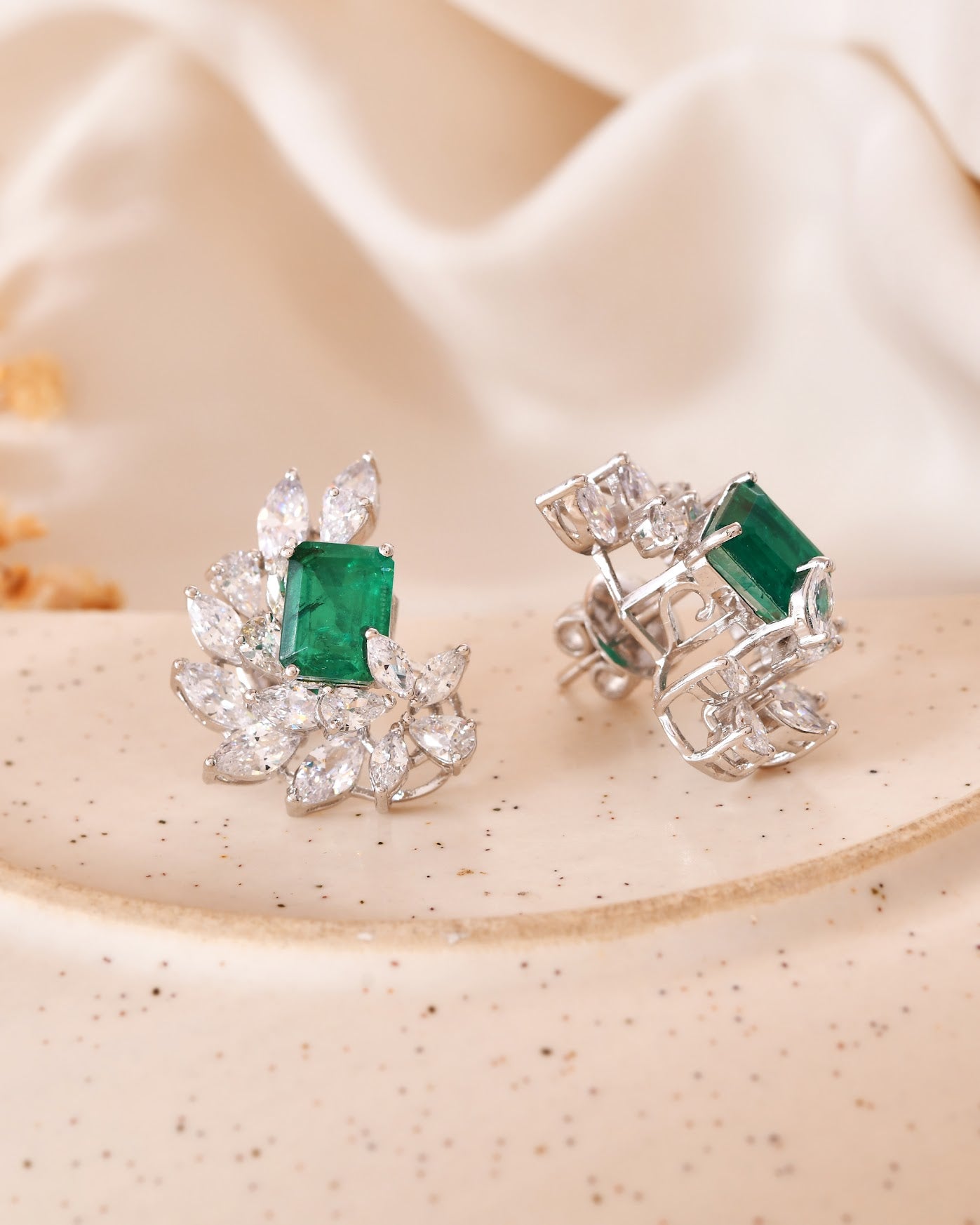 Emerald Leaf Sterling Silver Statement Earrings