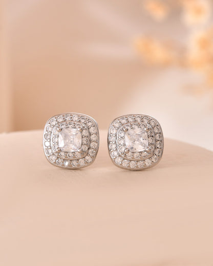 Radiant Cushion Halo Sterling Silver Stud Earrings
