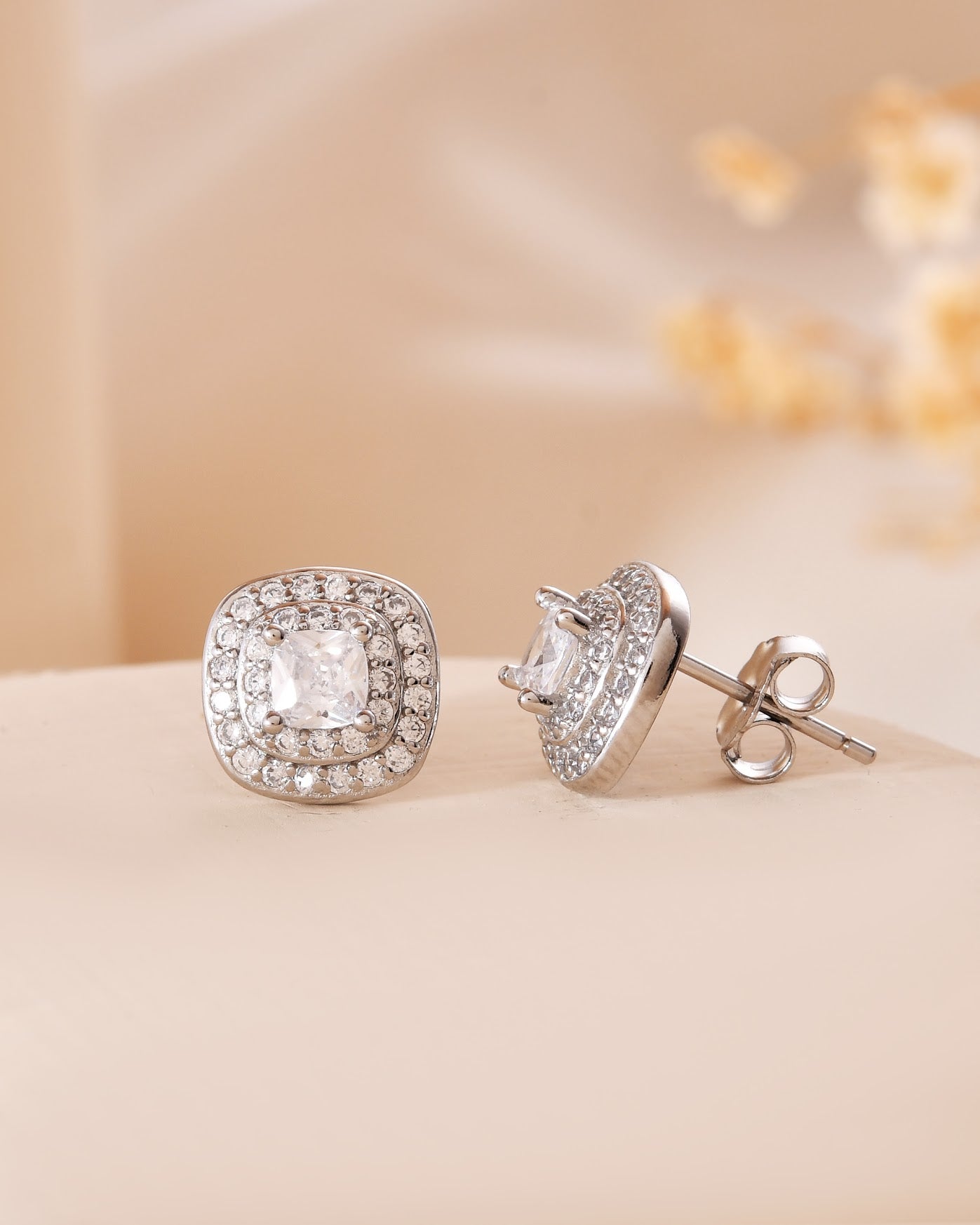Radiant Cushion Halo Sterling Silver Stud Earrings
