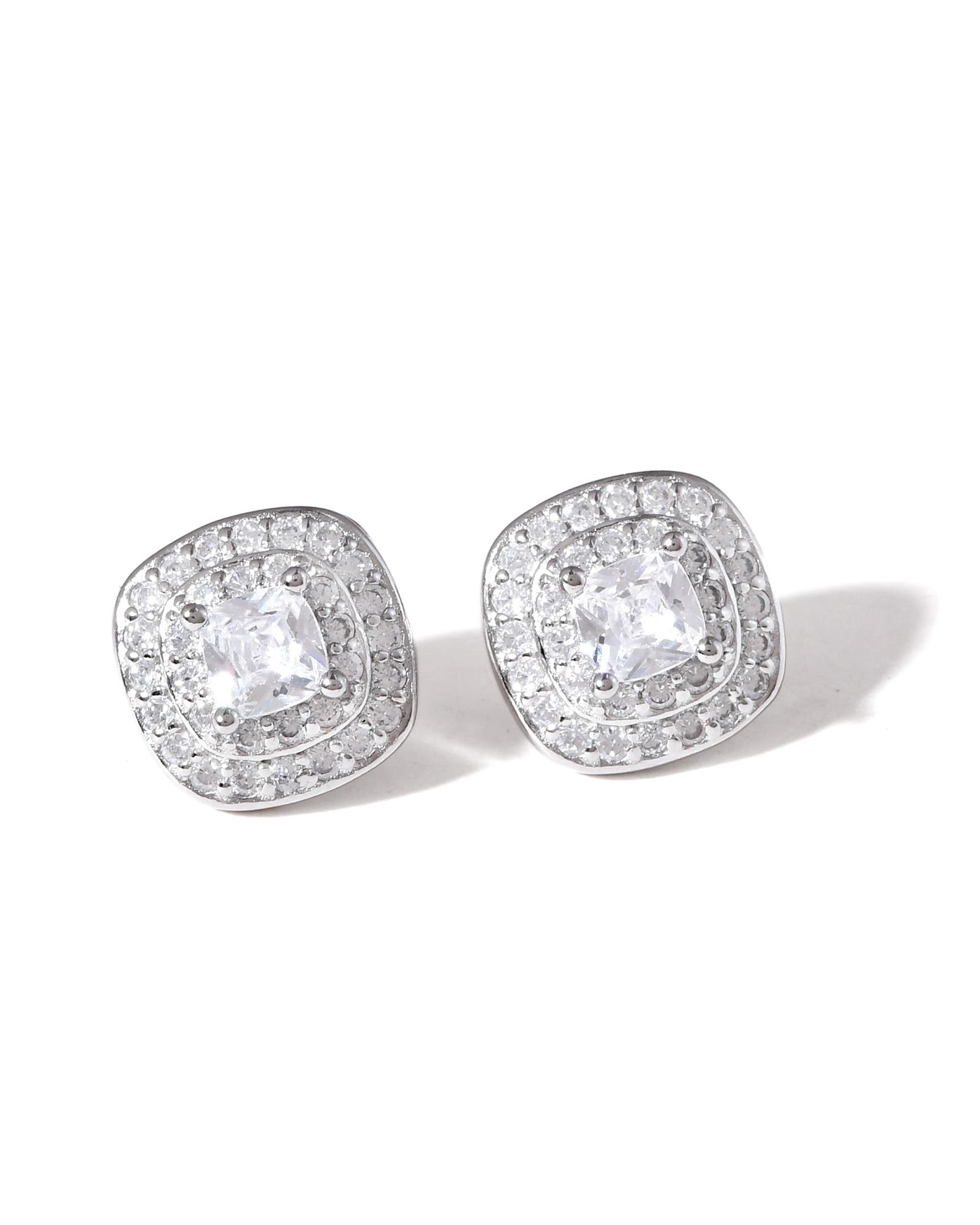 Radiant Cushion Halo Sterling Silver Stud Earrings