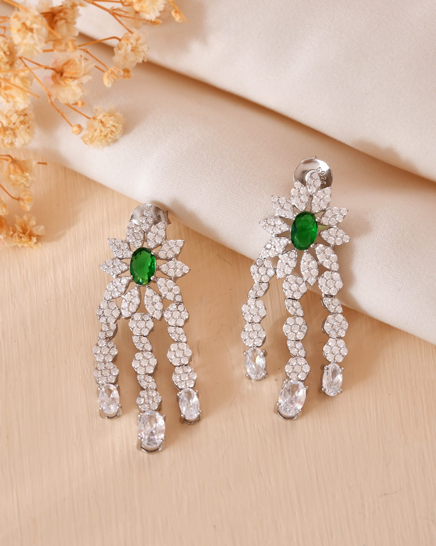 Green Oval CZ Flower Chandelier Earrings