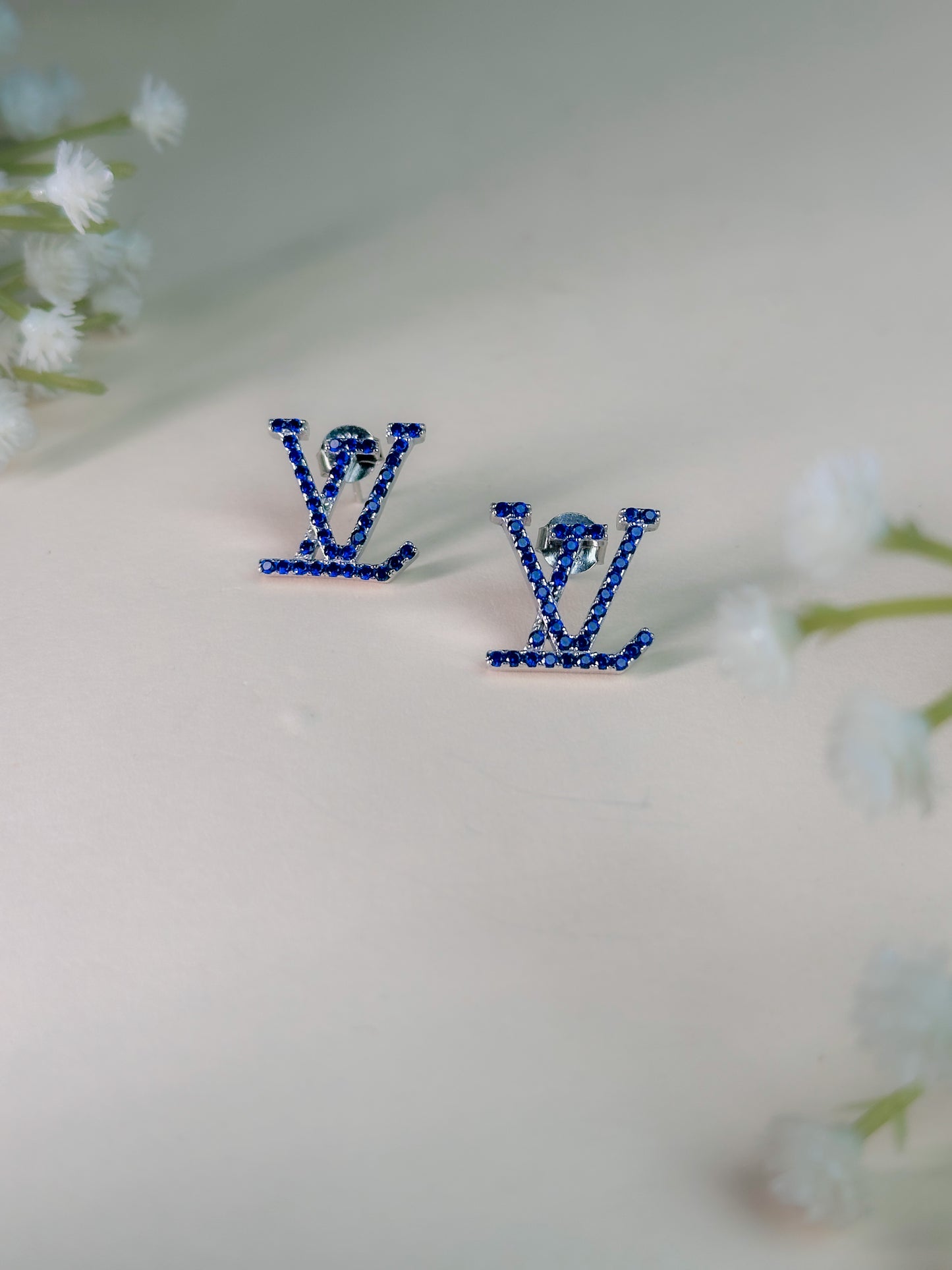 Blue Crystal Monogram Stud Earrings