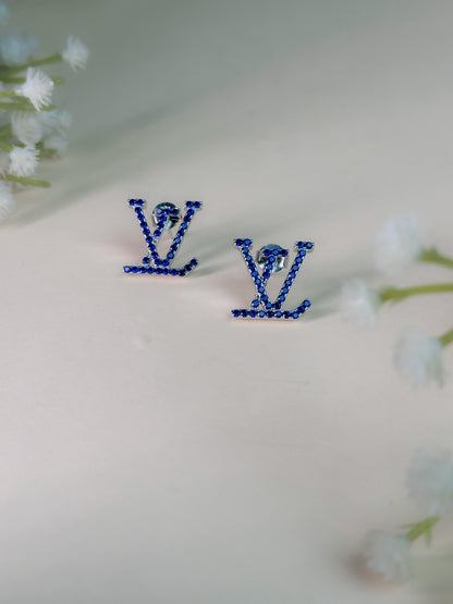 Blue Crystal Monogram Stud Earrings