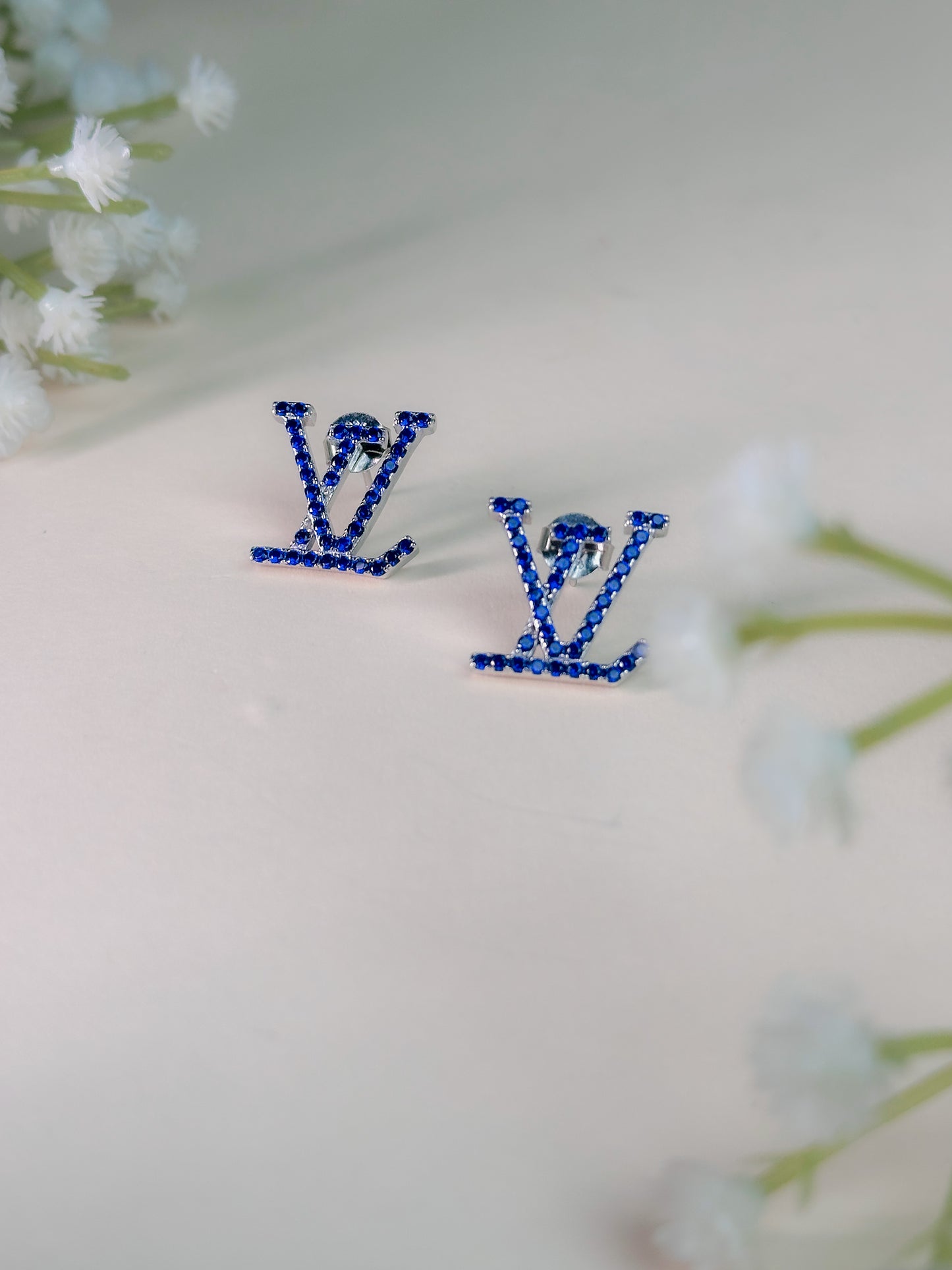 Blue Crystal Monogram Stud Earrings
