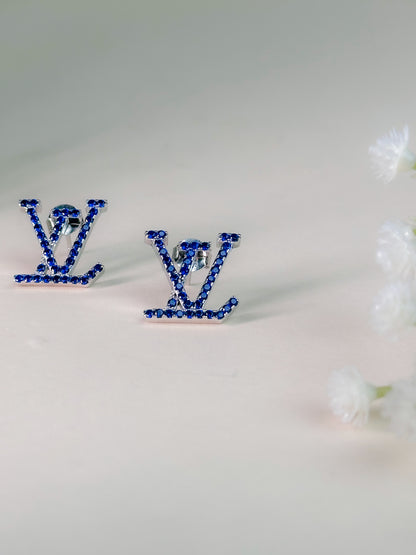 Blue Crystal Monogram Stud Earrings