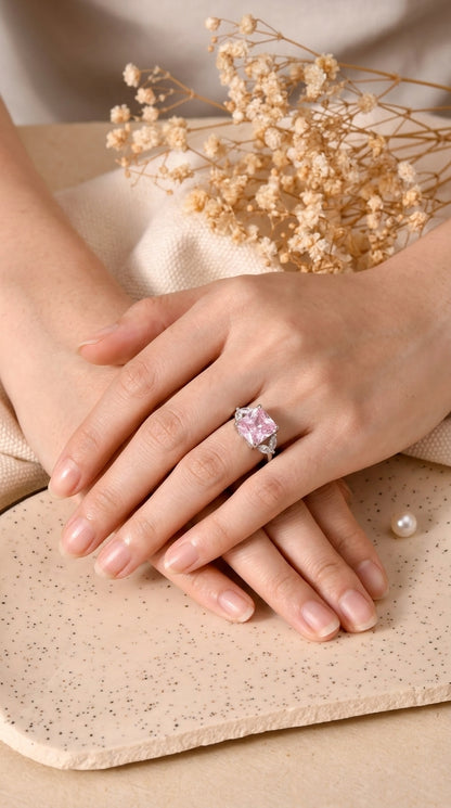 Pink Radiant Cut CZ Three-Stone Sterling Silver Ring