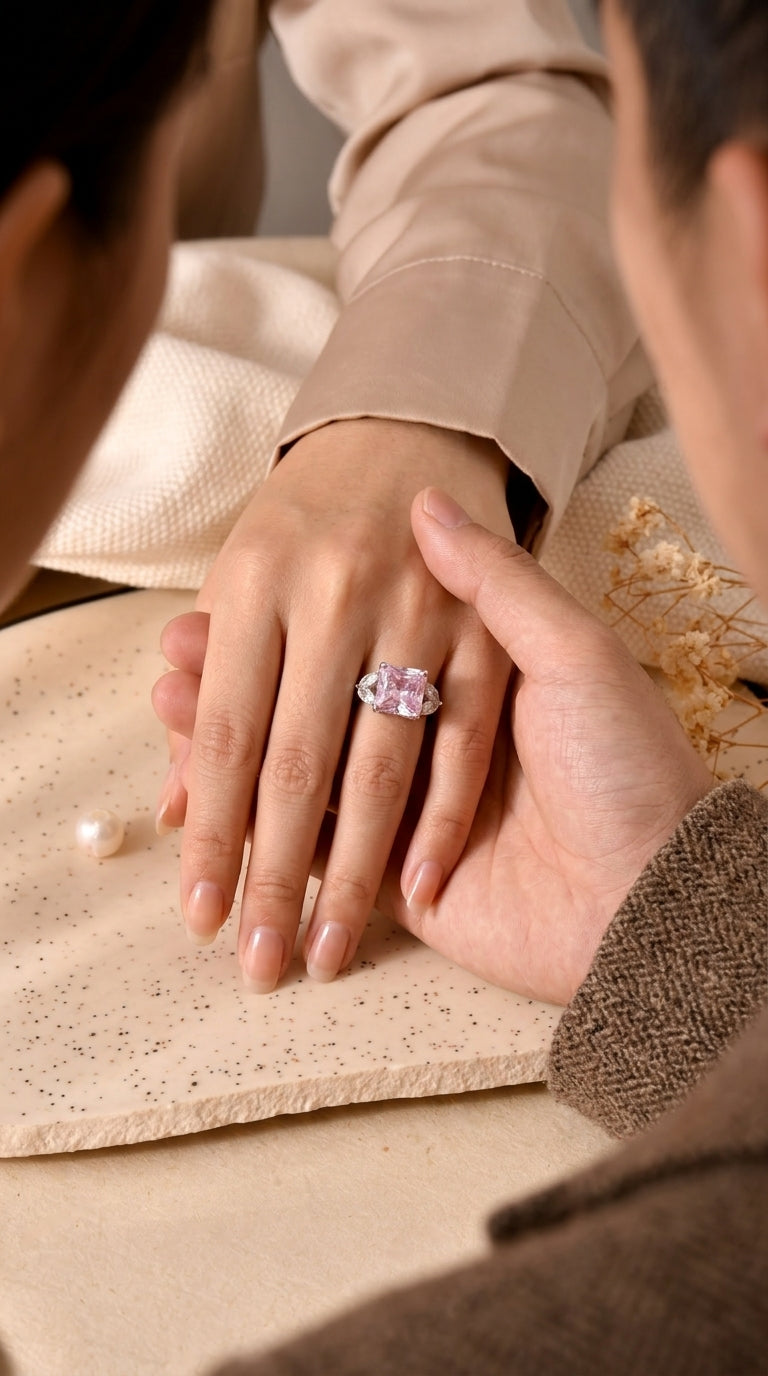 Pink Radiant Cut CZ Three-Stone Sterling Silver Ring