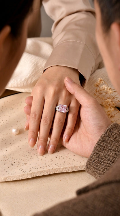 Pink Radiant Cut CZ Three-Stone Sterling Silver Ring