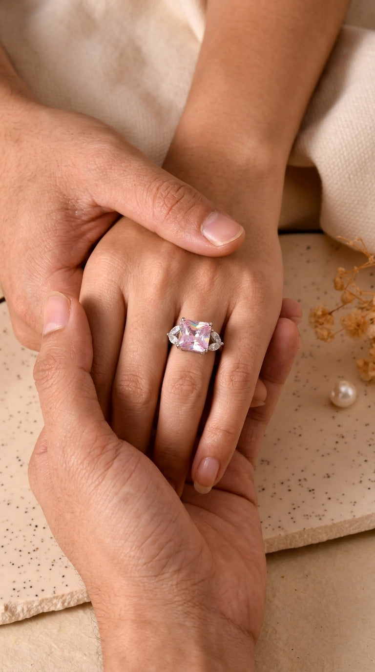 Pink Radiant Cut CZ Three-Stone Sterling Silver Ring
