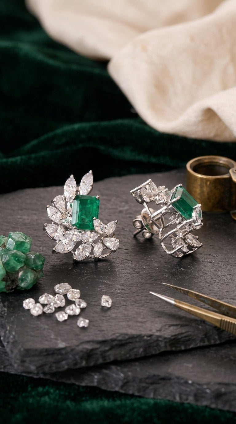 Emerald Leaf Sterling Silver Statement Earrings
