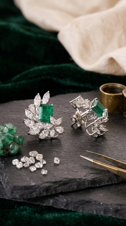 Emerald Leaf Sterling Silver Statement Earrings