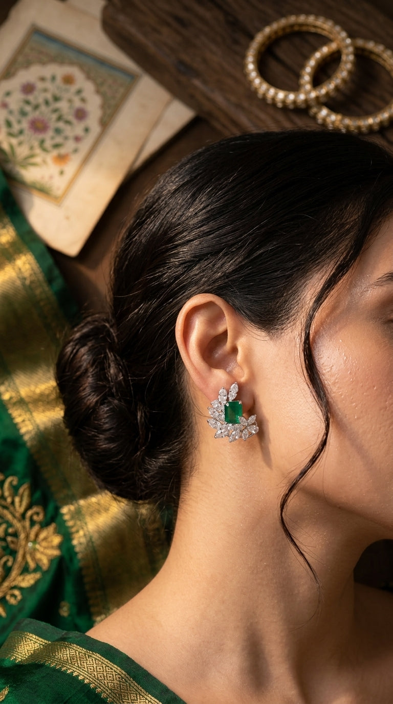 Emerald Leaf Sterling Silver Statement Earrings