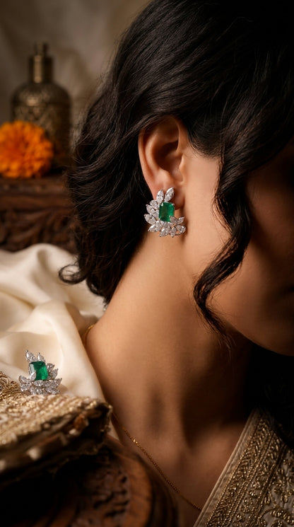 Emerald Leaf Sterling Silver Statement Earrings