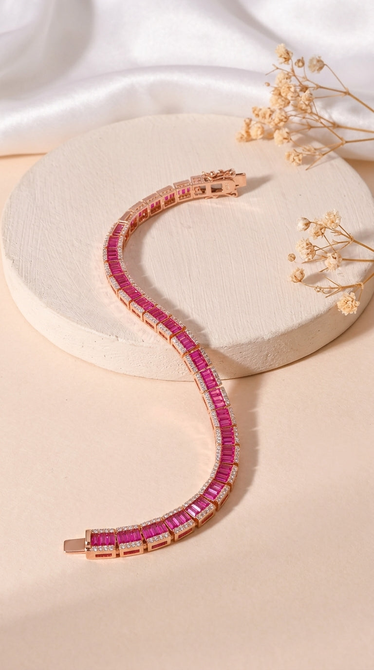Pink Baguette CZ Tennis Bracelet Rose Gold