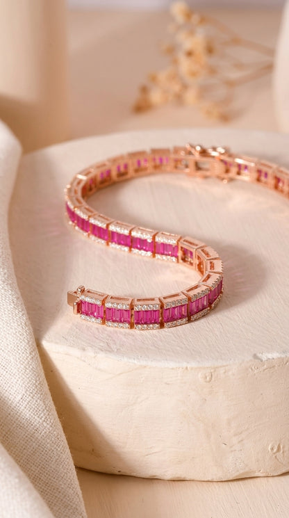 Pink Baguette CZ Tennis Bracelet Rose Gold