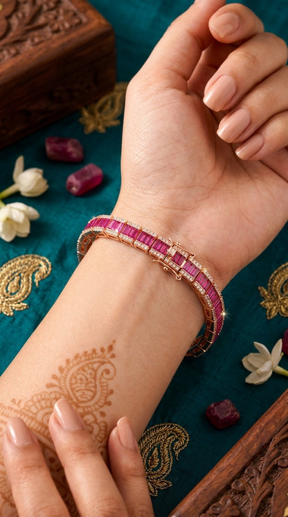 Pink Baguette CZ Tennis Bracelet Rose Gold