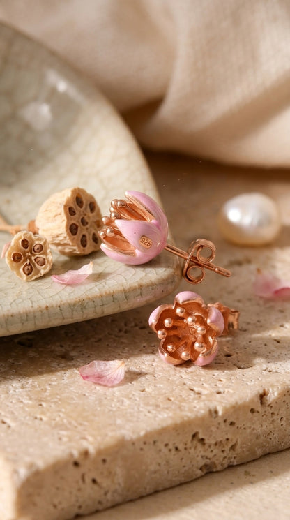 Pink Enamel Lotus Bud Stud Earrings