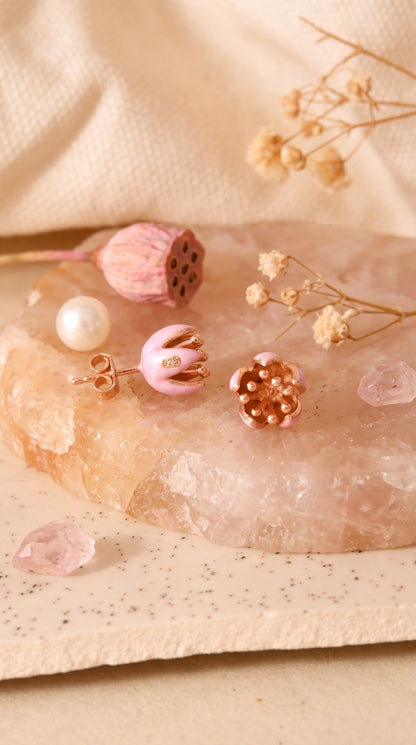 Pink Enamel Lotus Bud Stud Earrings