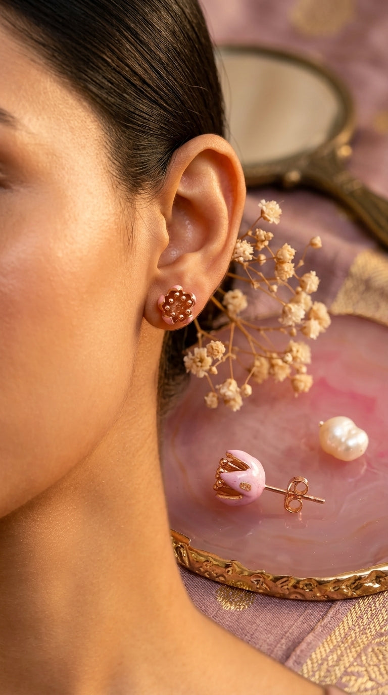 Pink Enamel Lotus Bud Stud Earrings