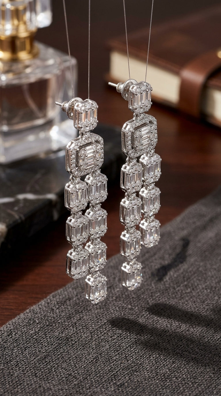 Long Baguette CZ Chandelier Earrings
