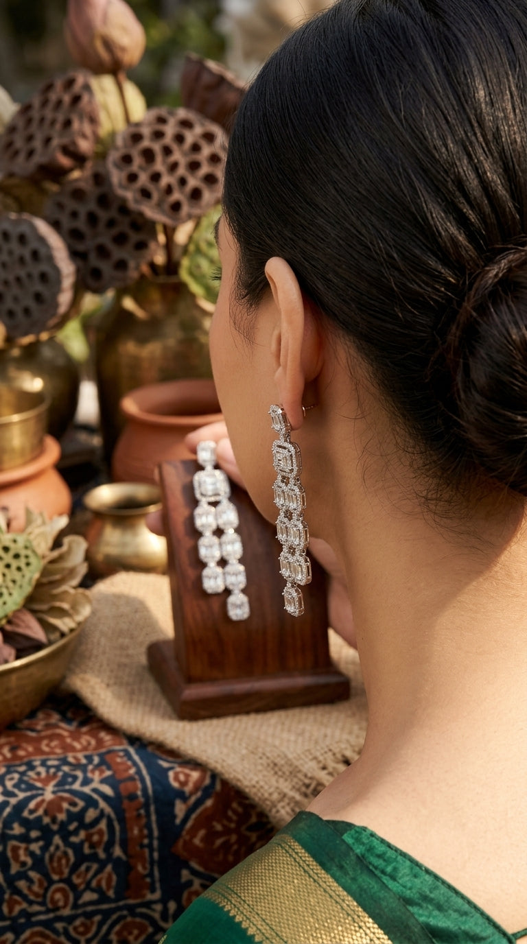 Long Baguette CZ Chandelier Earrings