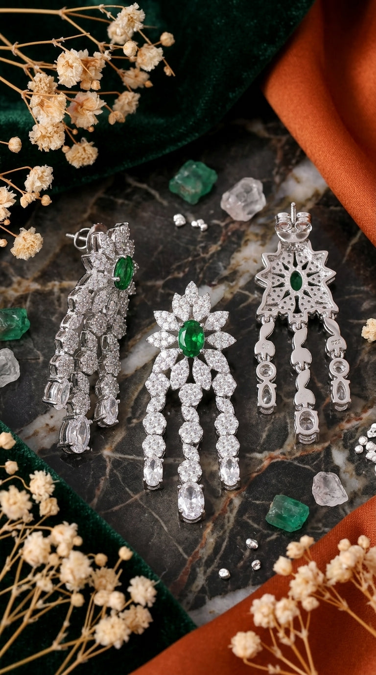 Green Oval CZ Flower Chandelier Earrings