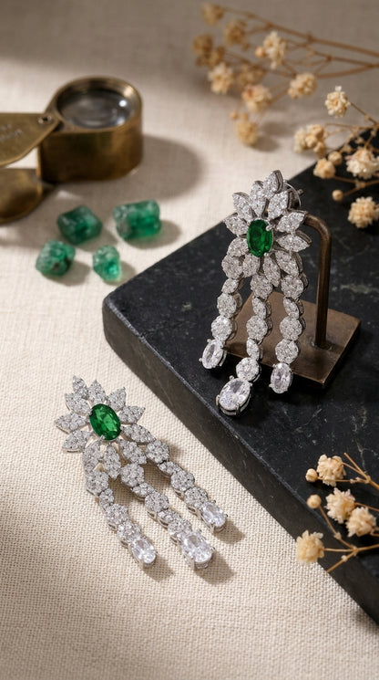 Green Oval CZ Flower Chandelier Earrings
