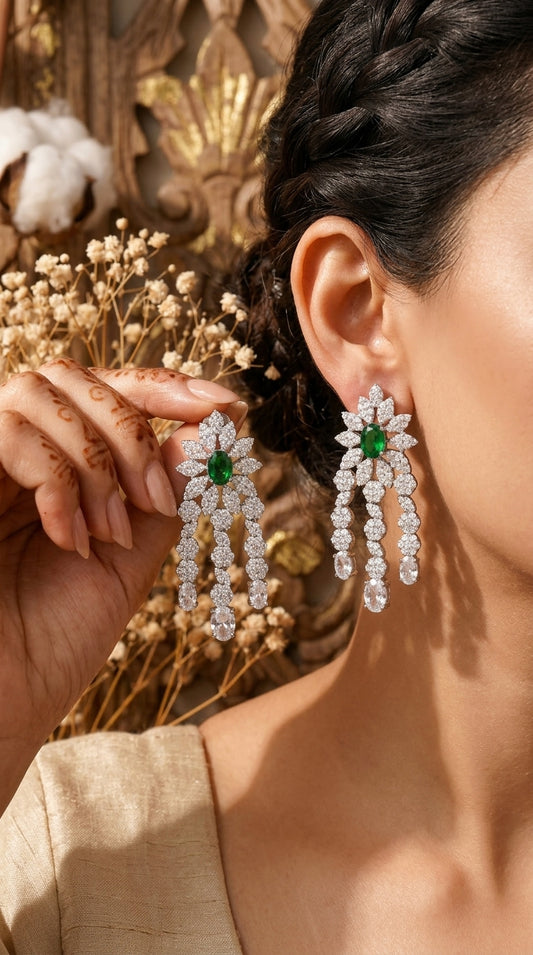 Green Oval CZ Flower Chandelier Earrings