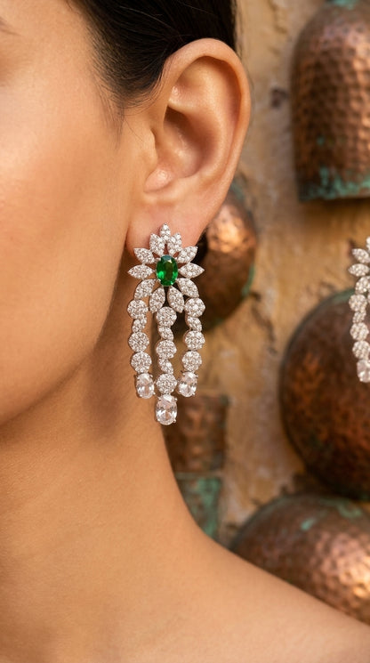 Green Oval CZ Flower Chandelier Earrings