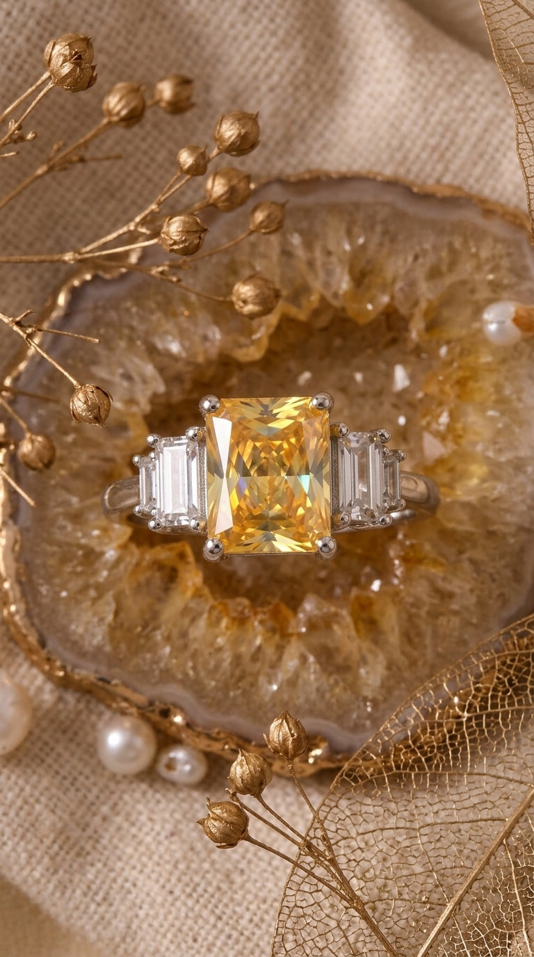 Golden Glow Emerald-Cut Sterling Silver Ring