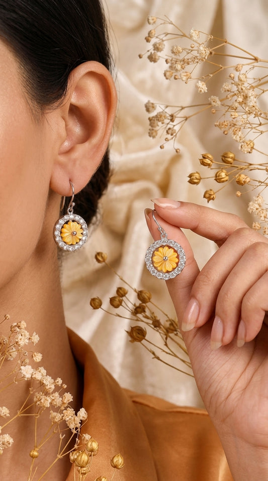Sunflower Halo Sterling Silver Drop Earrings