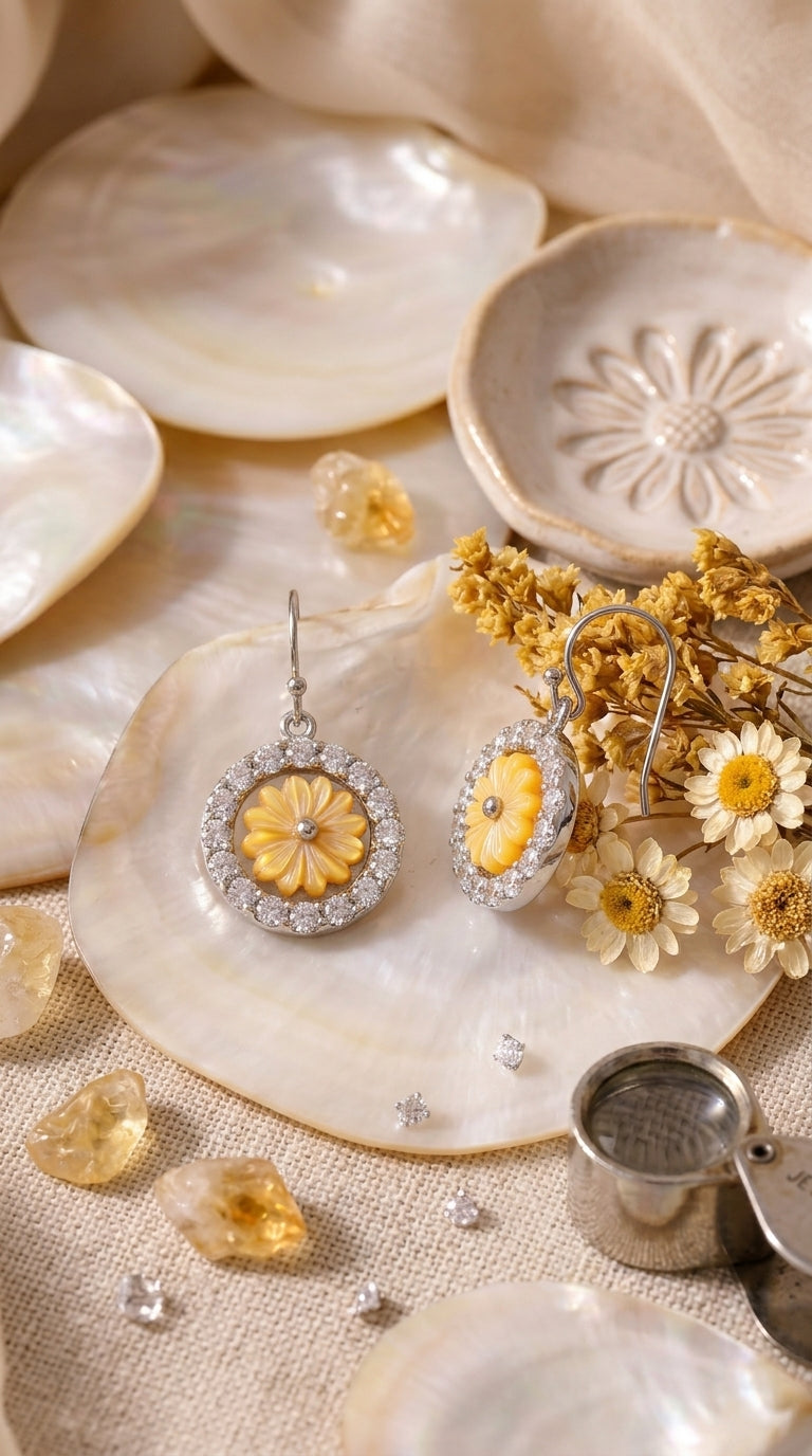 Sunflower Halo Sterling Silver Drop Earrings