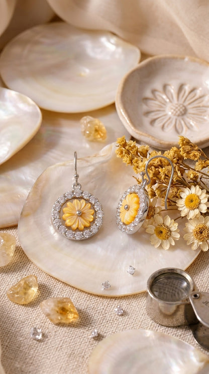 Sunflower Halo Sterling Silver Drop Earrings