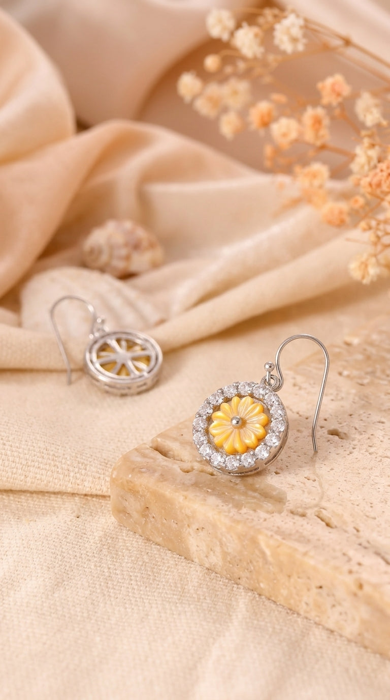 Sunflower Halo Sterling Silver Drop Earrings