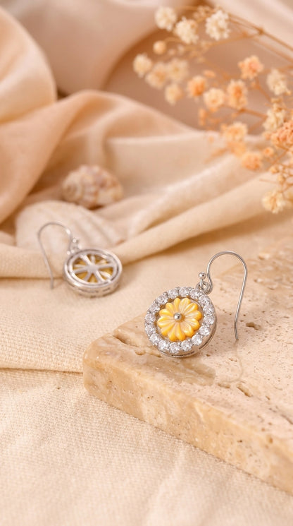 Sunflower Halo Sterling Silver Drop Earrings